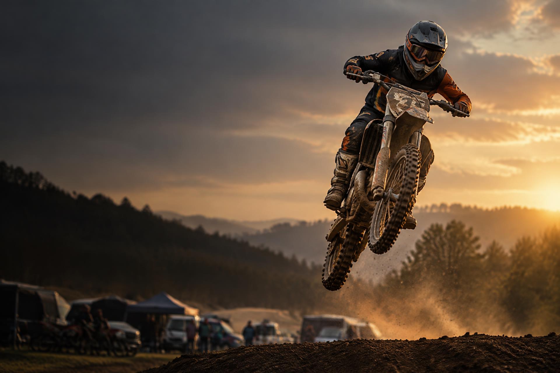 Young motocross rider racing over a dirt jump